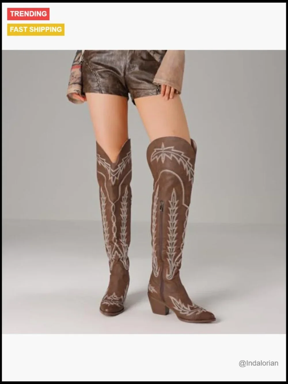 Thigh High Cowgirl Boots Embroidered Chunky Heel Side Zip Over the Knee Western